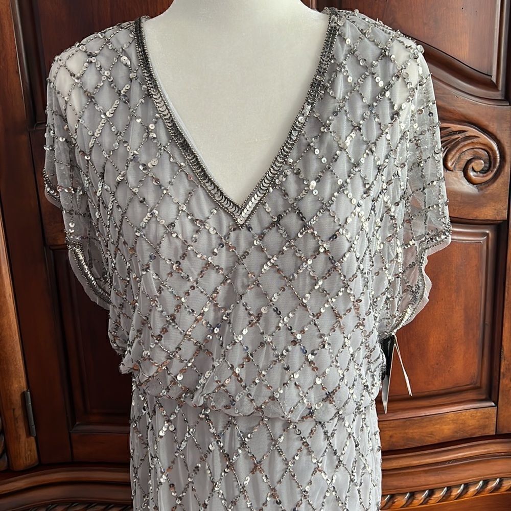 Adrianna Papell sequin lattice dress with flutter sleeves in Bridal Silver-NWT - Picture 6 of 10